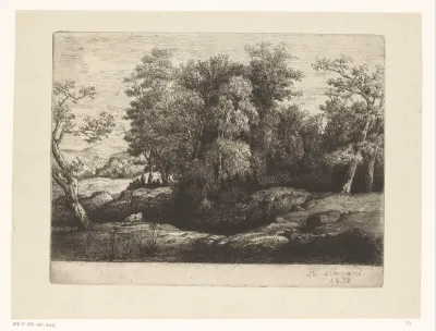Figuren rustend onder een boom aan de rand van het bos