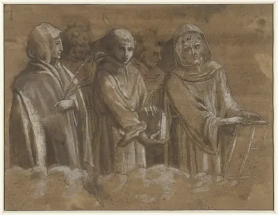 Figuren van martelaars boven een wolkenrand