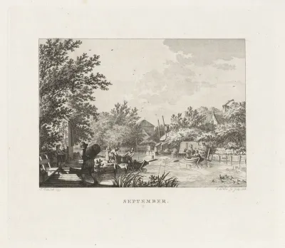 Figuren vervoeren manden met fruit over een rivier