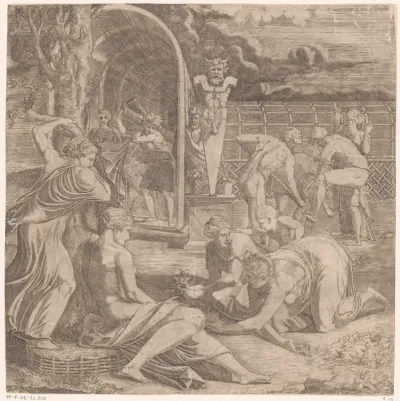 Figuren verzorgen een tuin met een beeld van Priapus