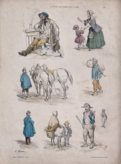 Figures and vignettes: a man is asleep with a dog by his side, a child is being scolded by a woman, a soldier stands with a gun, etc