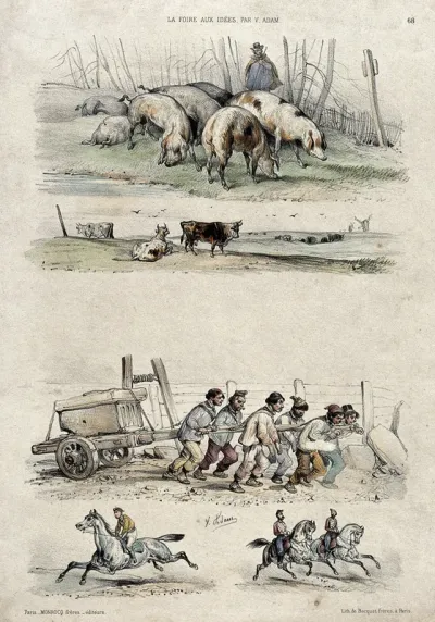 Figures and vignettes: above, a swineherd tending pigs and a herd of cows, below, peasants hauling a carved stone on a pushcart and sportsmen and hussars riding horses