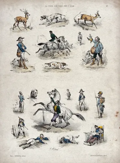 Figures and vignettes: above, deer, hounds, huntsmen, poachers and mounted hunters, below, soldiers in various uniforms and poses with one soldier trying to restrain a baulking horse