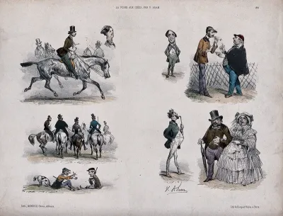Figures and vignettes: men are on riding on horse back, a jockey sits on the ground waving his hands and a large couple walk arm in arm