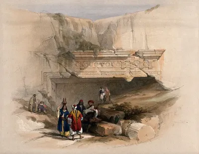 Figures at the entrance of an ancient sepulchre, near Jerusalem, Israel