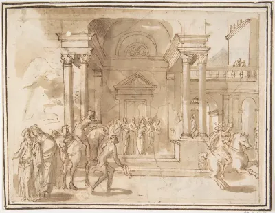 Figures before a Palace or Temple