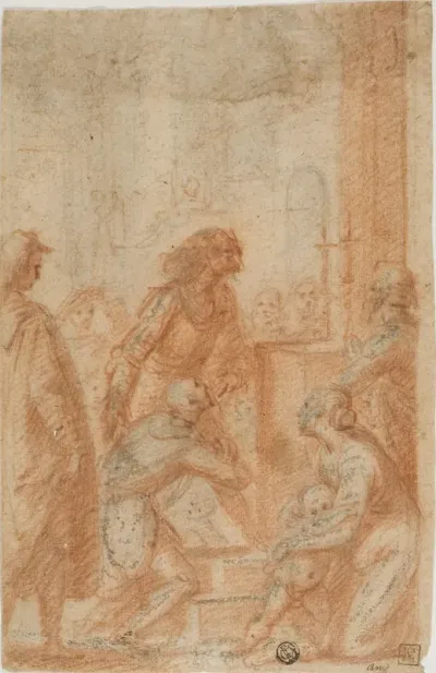 Figures Before Altar in Church (recto); Half-Length Male Nude, Looking Upward to Right (verso)
