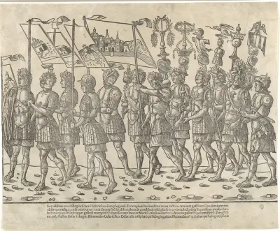 Figures carrying standards and trophies, from "The Triumph of Caesar"