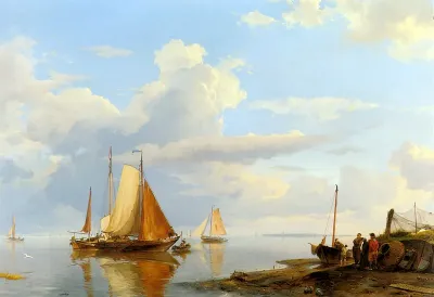 Figures coming ashore in a calm / Shipping in a calm