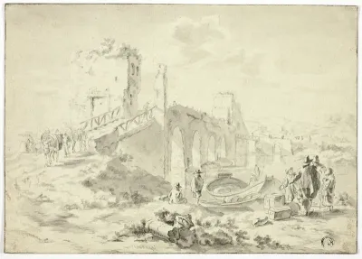 Figures Crossing Stone Bridge Above Boat Ferrying Barrels