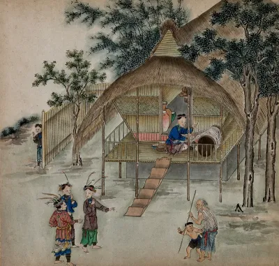Figures from Formosa wearing traditional rural attire have a conversation in front of a thatched bamboo cottage on stilts; one woman works a silk loom