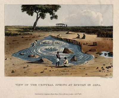 Figures gathered at the central spring, Epetan, Java