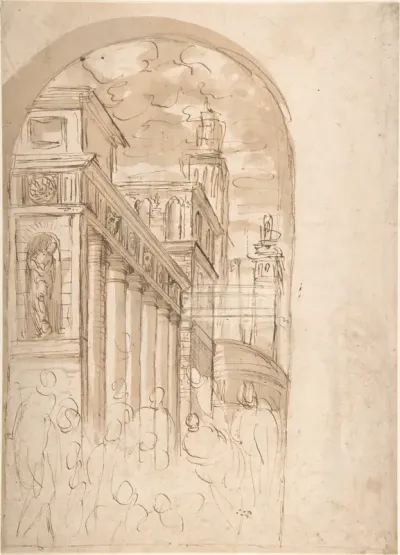 Figures Gathered Before a Group of Buildings, One with a Colonnade (recto); Corner View of a Building all'antica (verso)