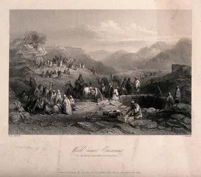 Figures, horses and camels gathering by the Well near Emmaus (Imwas), Jordan