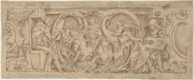 Figures, Horses, and Sphinx Entwined in Foliage and Strapwork
