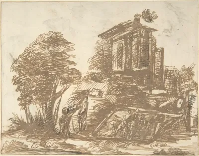 Figures in a Landscape with Classical Ruins (recto); Six Figure Studies (verso)