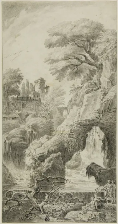 Figures in a Rocky Landscape with Waterfall