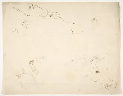 Figures in Battle and Head of a Horse (recto); Studies of a Man's Head and Arms (verso)