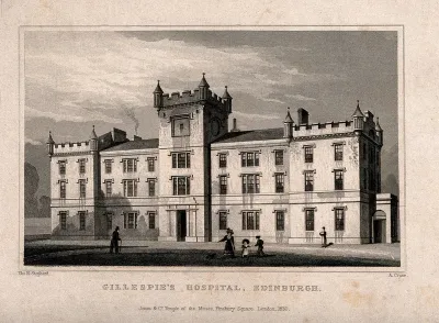 Figures in front of Gillespie's Hospital, Edinburgh, Scotland