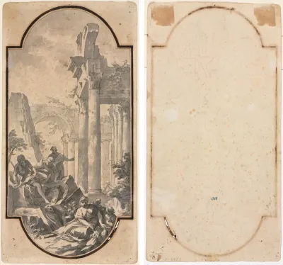 Figures Near the Ruins of a Corinthian Temple (recto); Fragment of an Arch (tracing from recto) (verso)