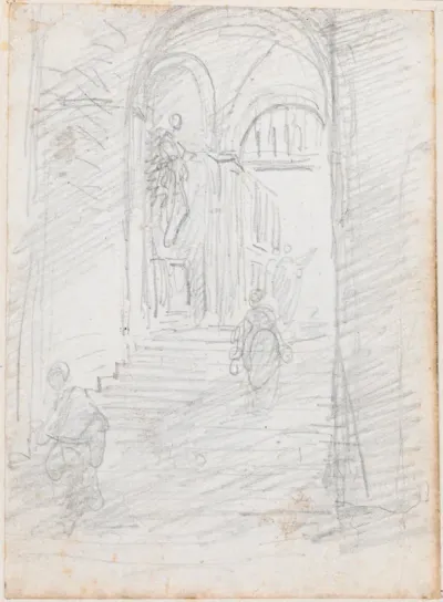 Figures on a Monumental Interior Stairway