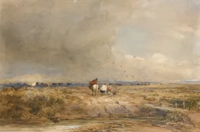 Figures on a track on a windy day, cattle beyond