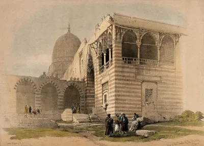 Figures outside the tombs of the caliphs, Cairo, Egypt