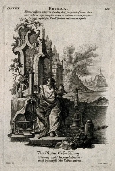 Figures representing the investigation of nature; in the background, Pliny the elder being killed while investigating Vesuvius during its eruption