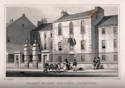 Figures standing outside the Trades' Maiden Hospital, Edinburgh, Scotland
