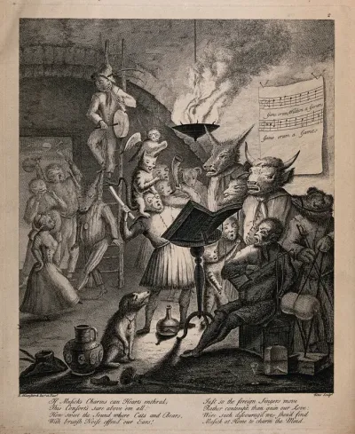 Figures with animal heads are playing musical instruments and singing from a book placed on a table in the middle of the room