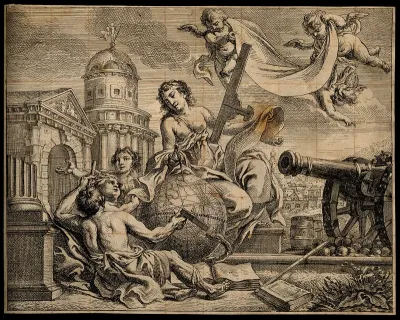 Figures with measuring instruments and a cannon; representing geometry and military science