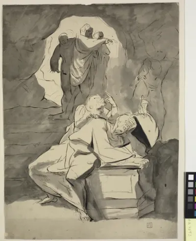 Figurscene i en hule. I forgrunden en fortvivlet mand ved en grav