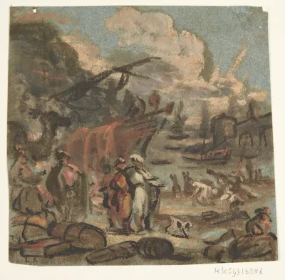 Figurscene ved kyst med skibe og militærpersoner