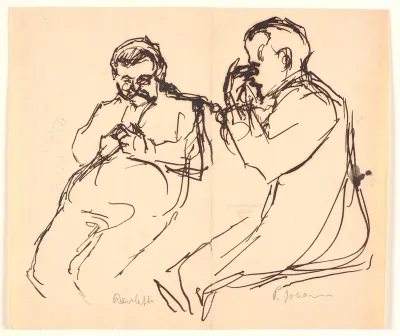 Figurskitse. To siddende mænd: Aarsleff og P. Johansen