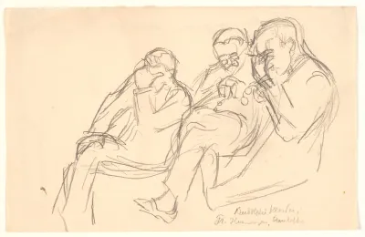 Figurskitse. Tre siddende mænd: Fr. Henningsen, Aarsleff og P. Johansen
