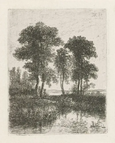 Figuur bij een boom aan de waterkant