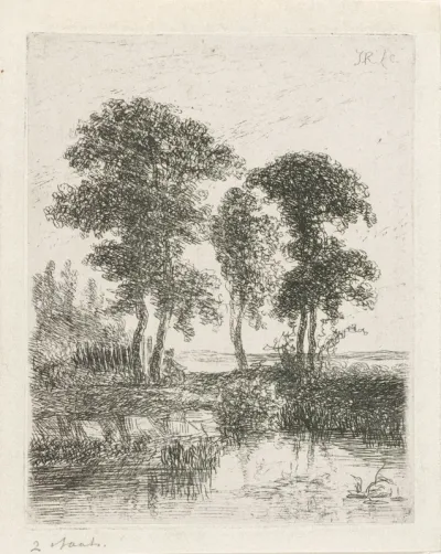Figuur bij een boom aan de waterkant