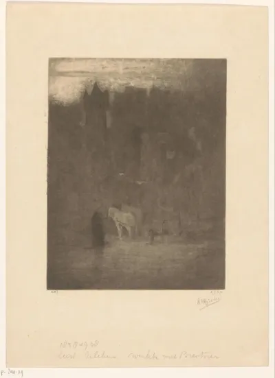 Figuur en twee paarden bij een kasteel in de mist