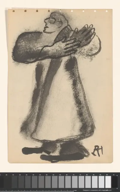 Figuur in lang gewaad, grote handen