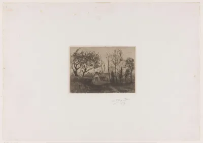 Figuur loopt richting enkele huizen in het landschap