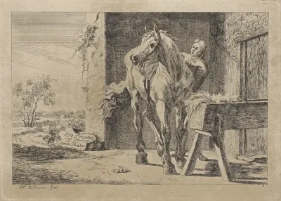 Figuur met een paard bij een voederbak