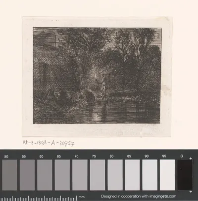 Figuur met fakkel in een rivierlandschap