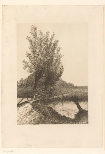 Figuur met paraplu loopt over een brug