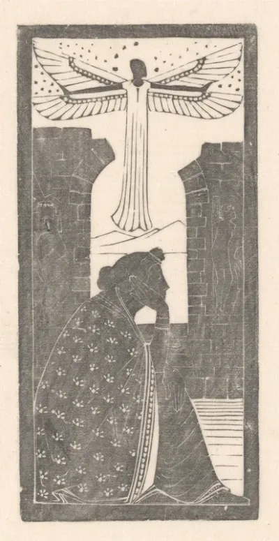 Figuur met vier vleugels bij ruïne