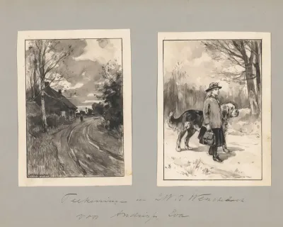 Figuur op een landweg en een meisje met hond