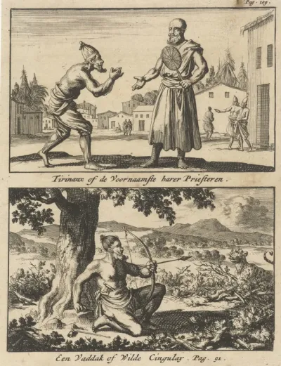 Figuur smekend voor een priester / Jager richt zijn pijl en boog op een tijger