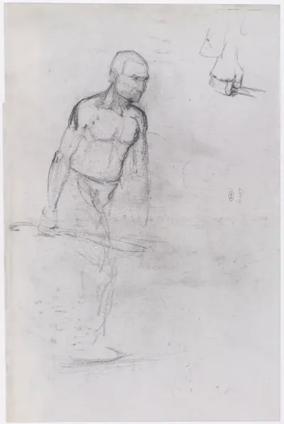 Figuurstudie van een mannelijk naakt met een stok in de hand