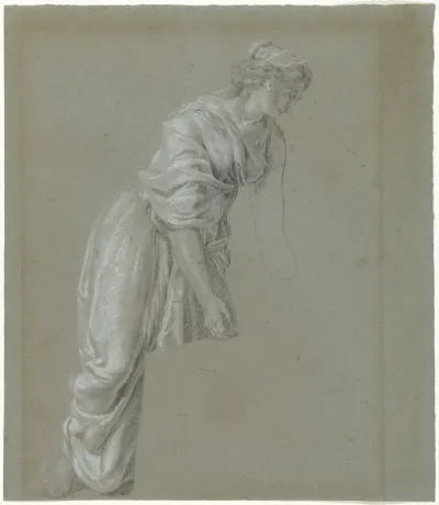Figuurstudie van een vrouw in klassiek gewaad, bukkend