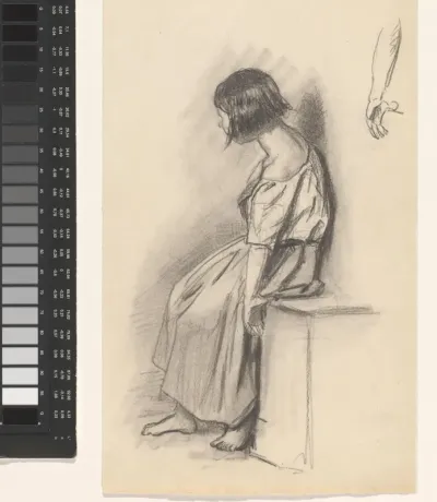 Figuurstudie van een zittend meisje in antikiserende kledij en een studie van een onderarm