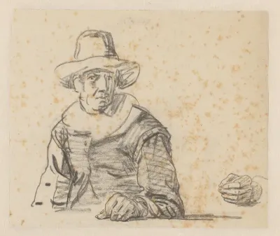 Figuurstudie van een zittende man in antikiserende kledij en een studie van een hand